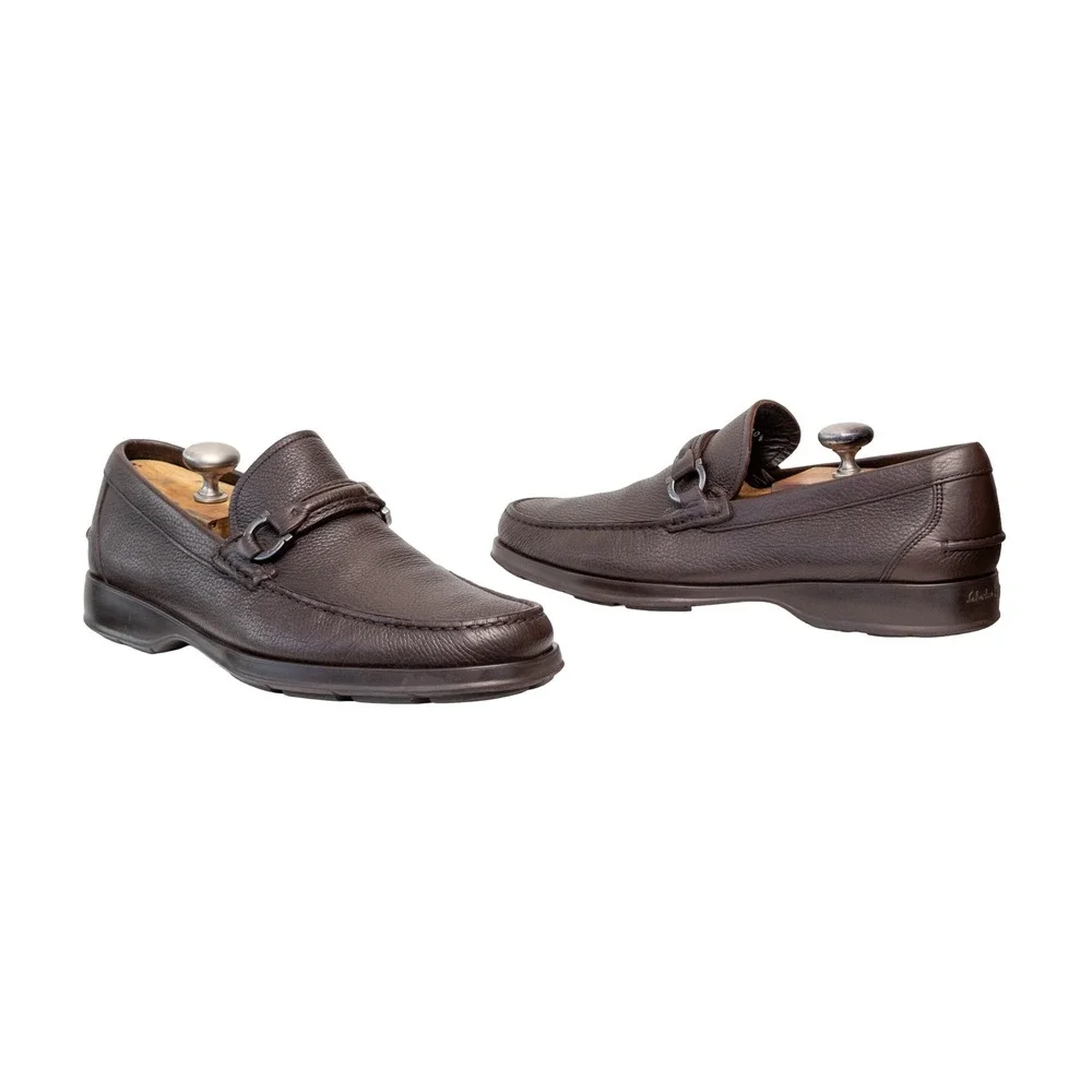 Salvatore Ferragamo Mens Brown Pebbled Leather Gancini Loafers MS 34999 10.5 D